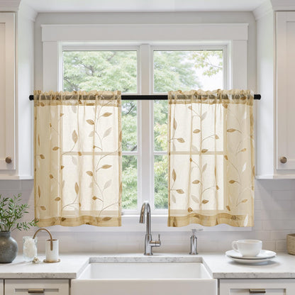 MIULEE Sage Green Sheer Curtains 2 Panels Leaf Patterned, W52 x L84