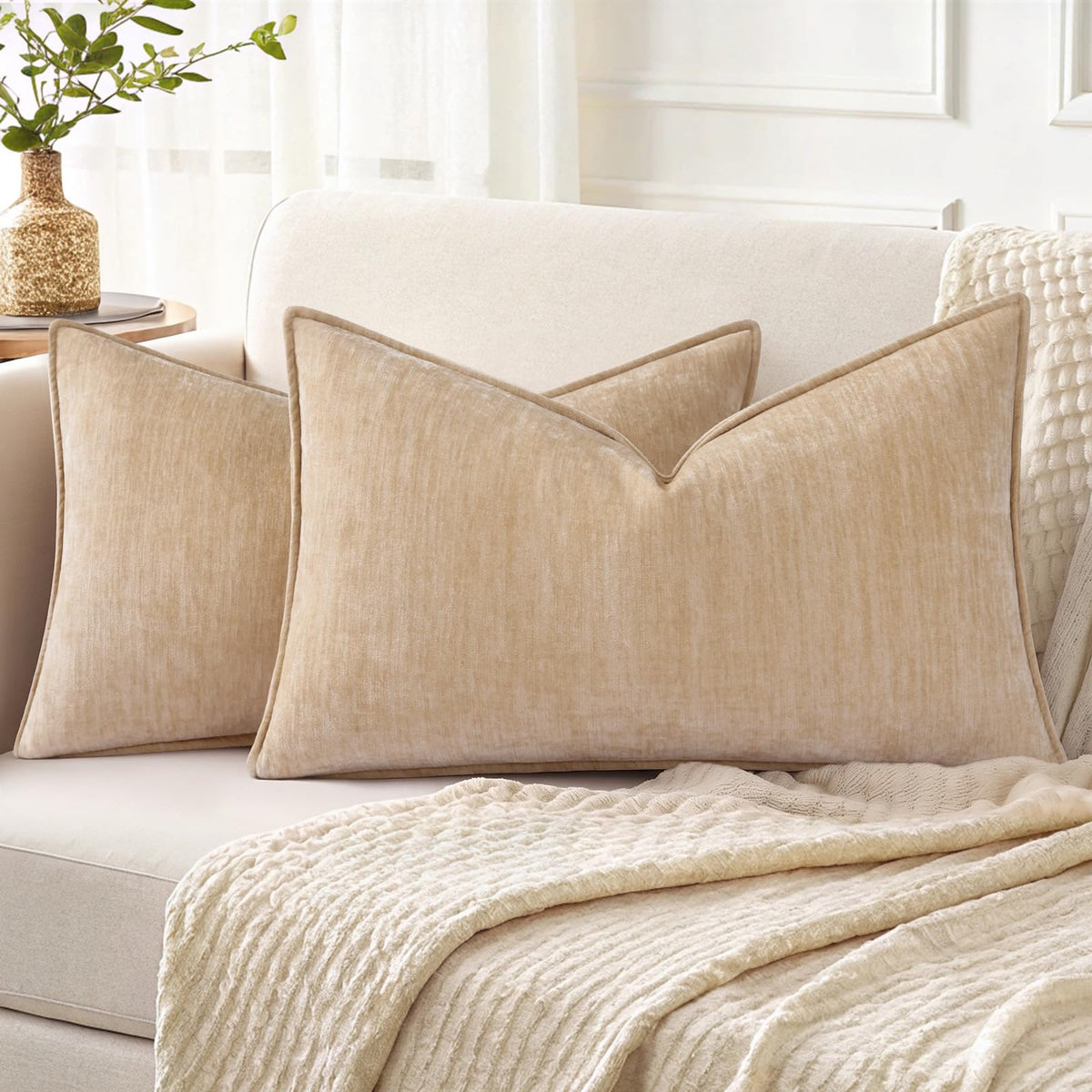 decorUhome Chenille Beige Velvet Throw Pillow Covers 18x18 Set of 2