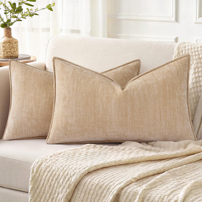 decorUhome Chenille Beige Velvet Throw Pillow Covers 18x18 Set of 2