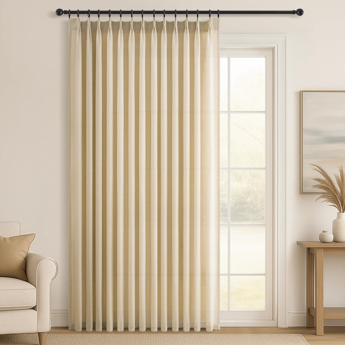 Topfinel Oatmeal Beige Pinch Pleated Curtains 84 Inches Long for Living Room 2 Panels Sets,Stone Washed Linen Earth Tone Decor Back Tab Boho Neutral Greige Earthy Sheer Curtain for Bedroom