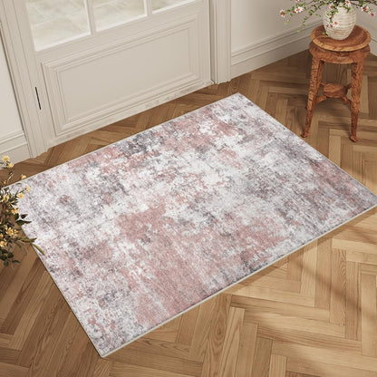8x10 Pink Gray Washable Area Rug for Living Room, Vintage Print
