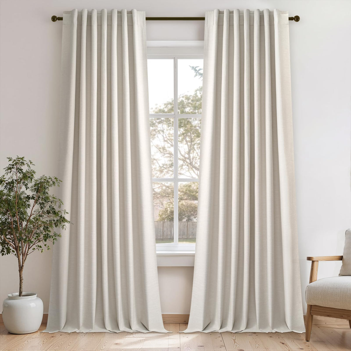 Topfinel Cream Ivory Blackout Curtains & Drapes 84 Inch Length, Beige Pinch Pleat Full Blackout Flax Linen Tab Top Soundproof Curtains with Hooks Rings for Bedroom Living Room Track 2 Panels Set