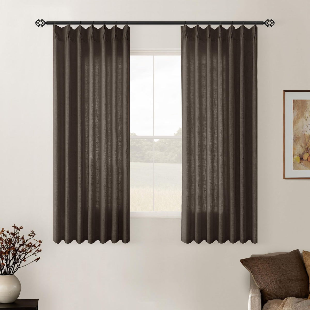TWODRAPES Natural Pinch Pleated Linen Semi Sheer 84 Inch Curtains 2 Panels