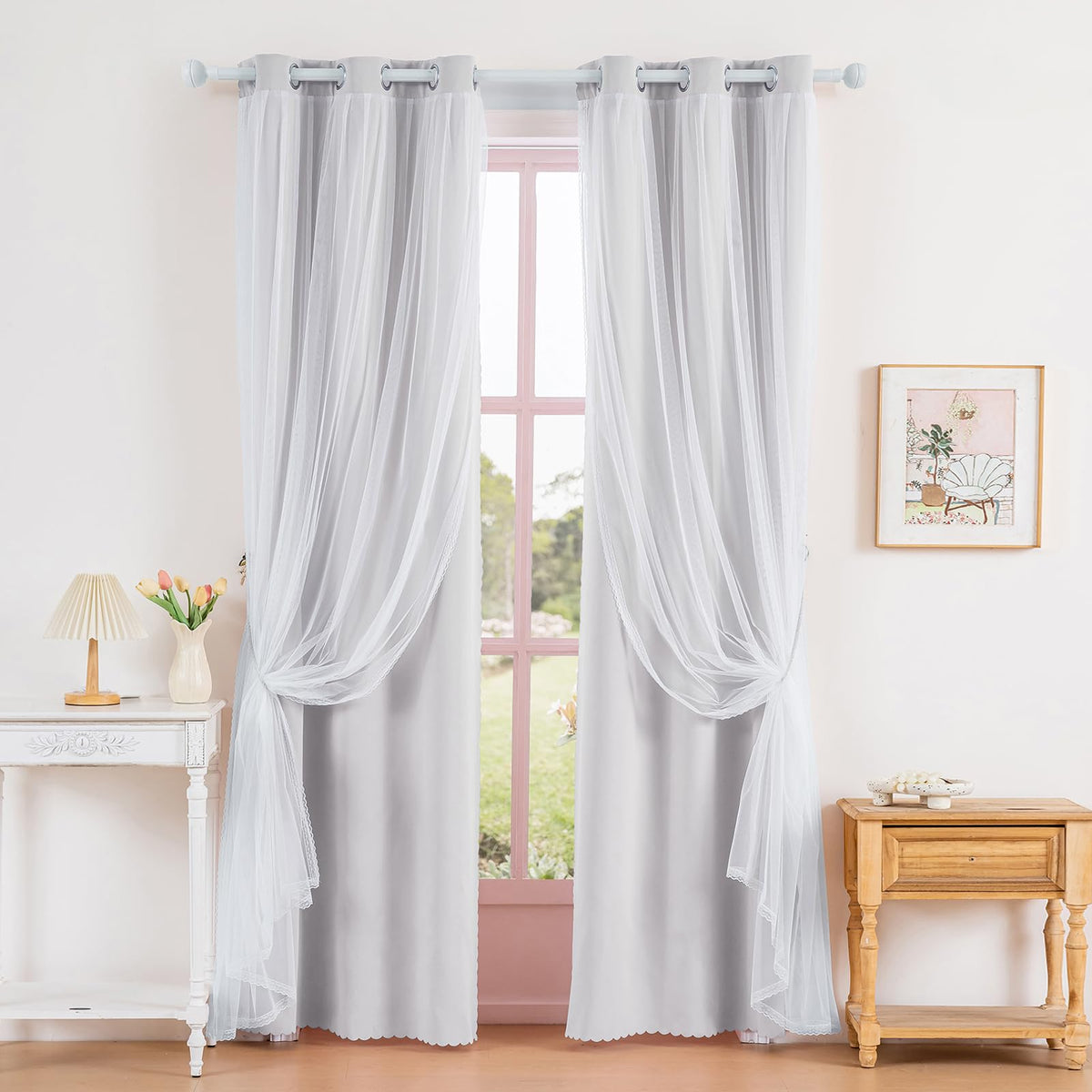 Anytime Double Layer Blackout Curtains 2 Panels，52Wx84L，Greyish White