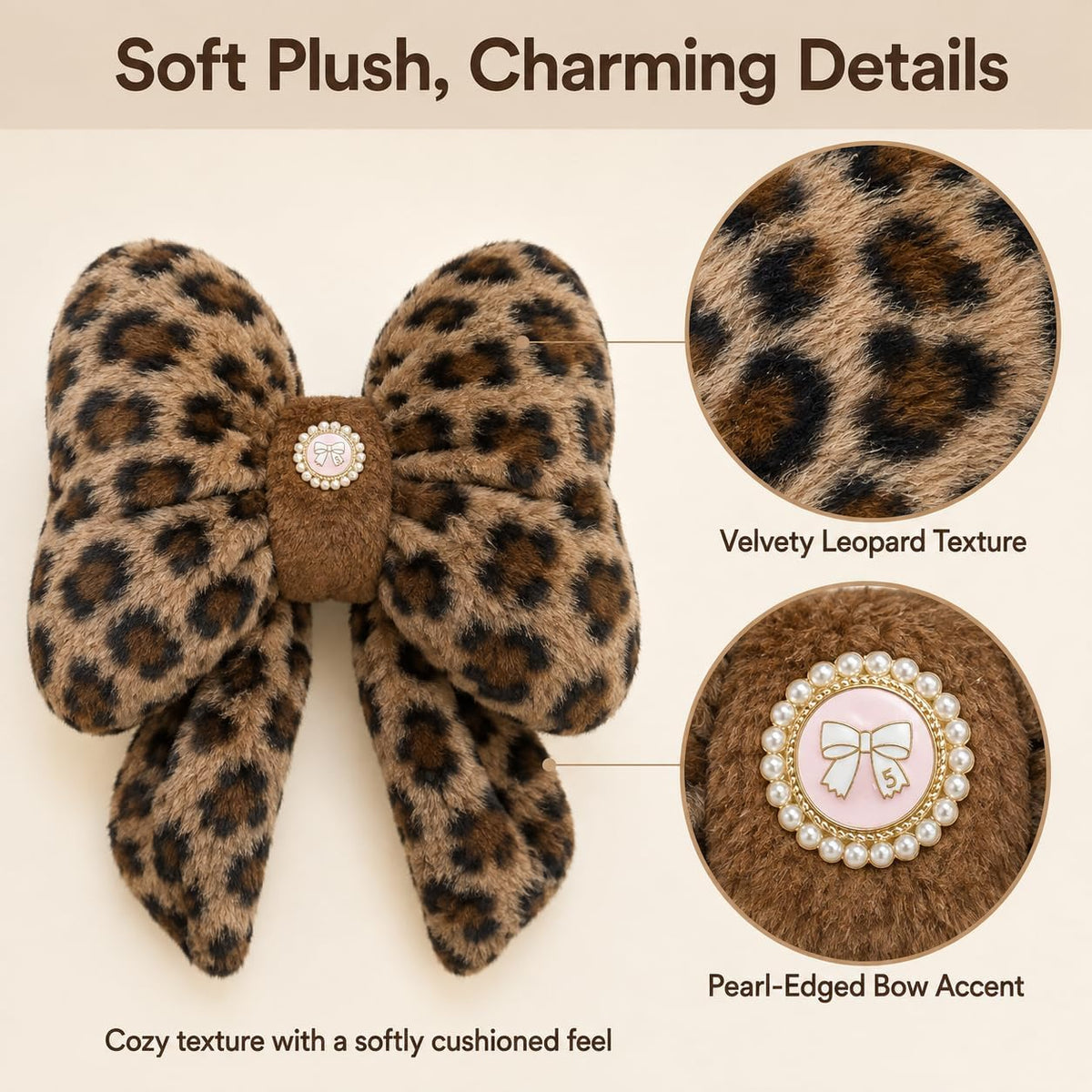 Leopard Print Bow Pillow 12x9 Inch Plush Accent Pillow Room Decor