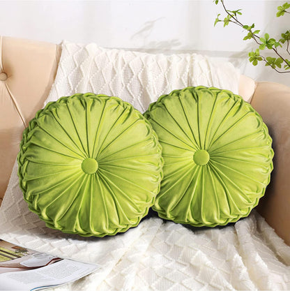 HIG Set of 2 Beige Velvet Decorative Round Pleated Throw Pillows