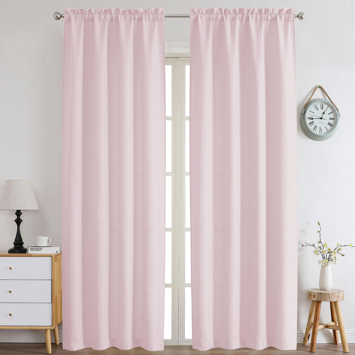Chyhomenyc White Curtains 45 Inch Length 2 Panels, Faux Linen Textured