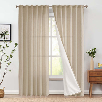 jinchan Linen Curtains Light Filtering Back Tab 50x96 Inch 2 Panels Beige
