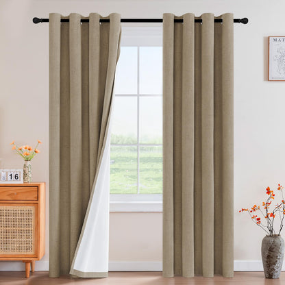 PrinceDeco Natural Linen Curtains 100% Blackout Linen Curtains for Bedroom Full Blackout Curtains 84 Inches Long Living Room Thermal Insulated Light Blocking Curtain Drapes White Backing, 2 Panels
