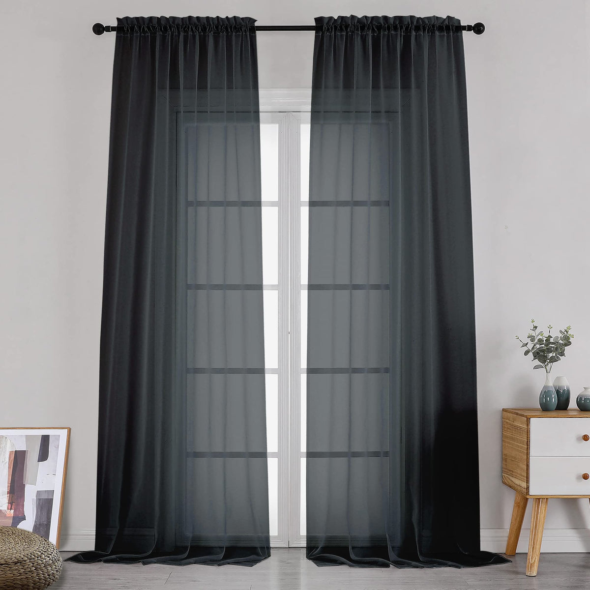 Simplebrand Black Sheer Curtains 84 Inches Long 2 Panels for Living Room