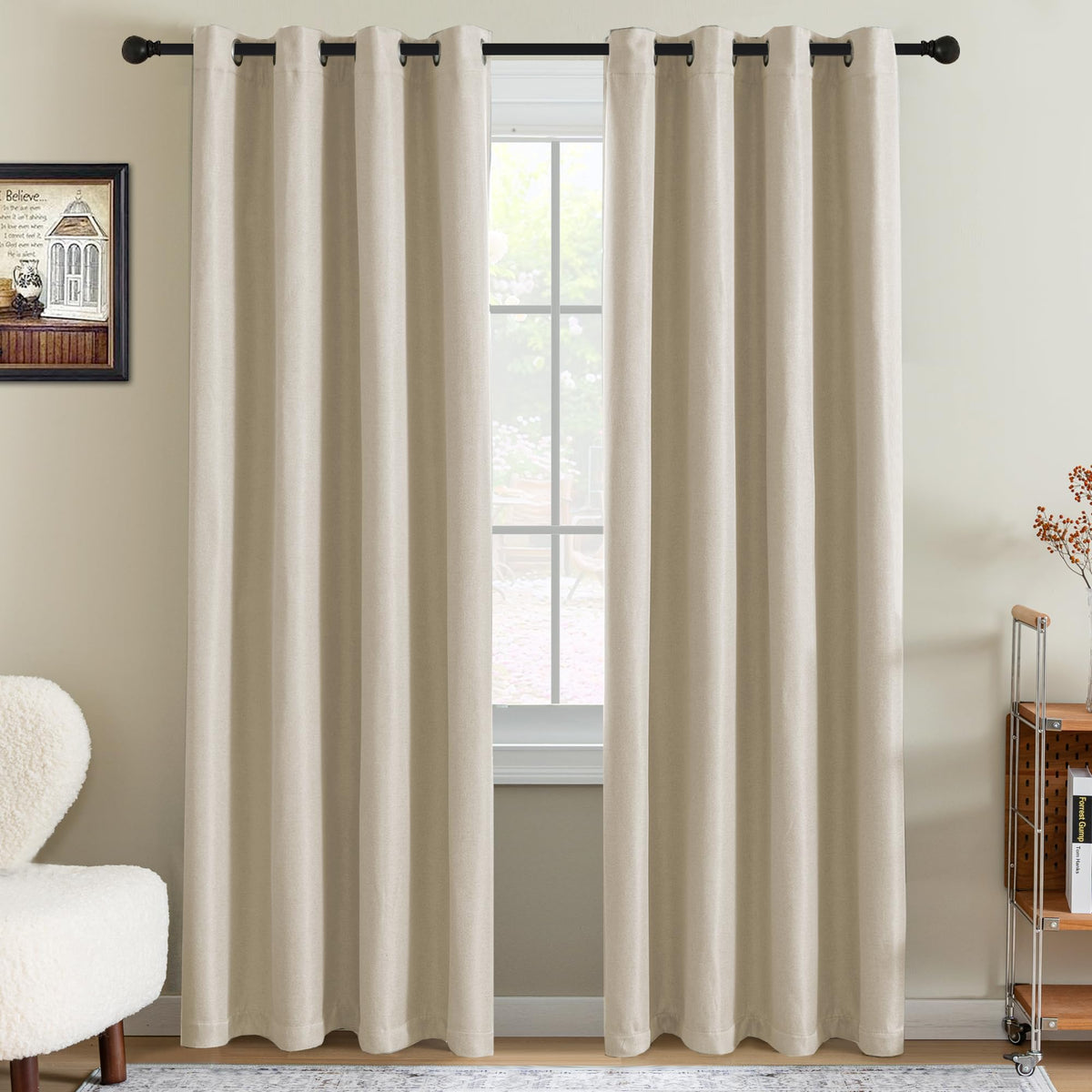 H.VERSAILTEX Linen Blackout Curtain 84 Inches Long for Bedroom/Living Room Thermal Insulated Grommet Linen Look Curtain Drapes Primitive Textured Burlap Effect Window Drapes 1 Panel - Heather Ivory