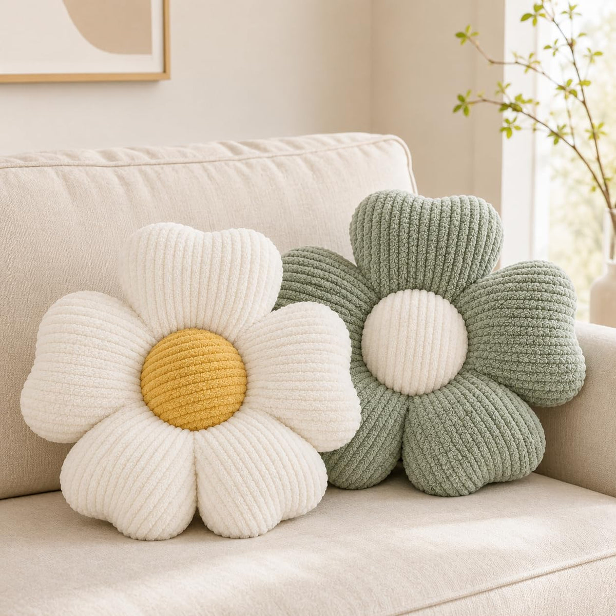 2 Pcs Flower Pillow, 15''Soft Cute Daisy Decorative Pillows Floor Seating Cushion for Bed Couch Bedroom Room Dorm Home Decor & Gift (Sage Green & Ivory)