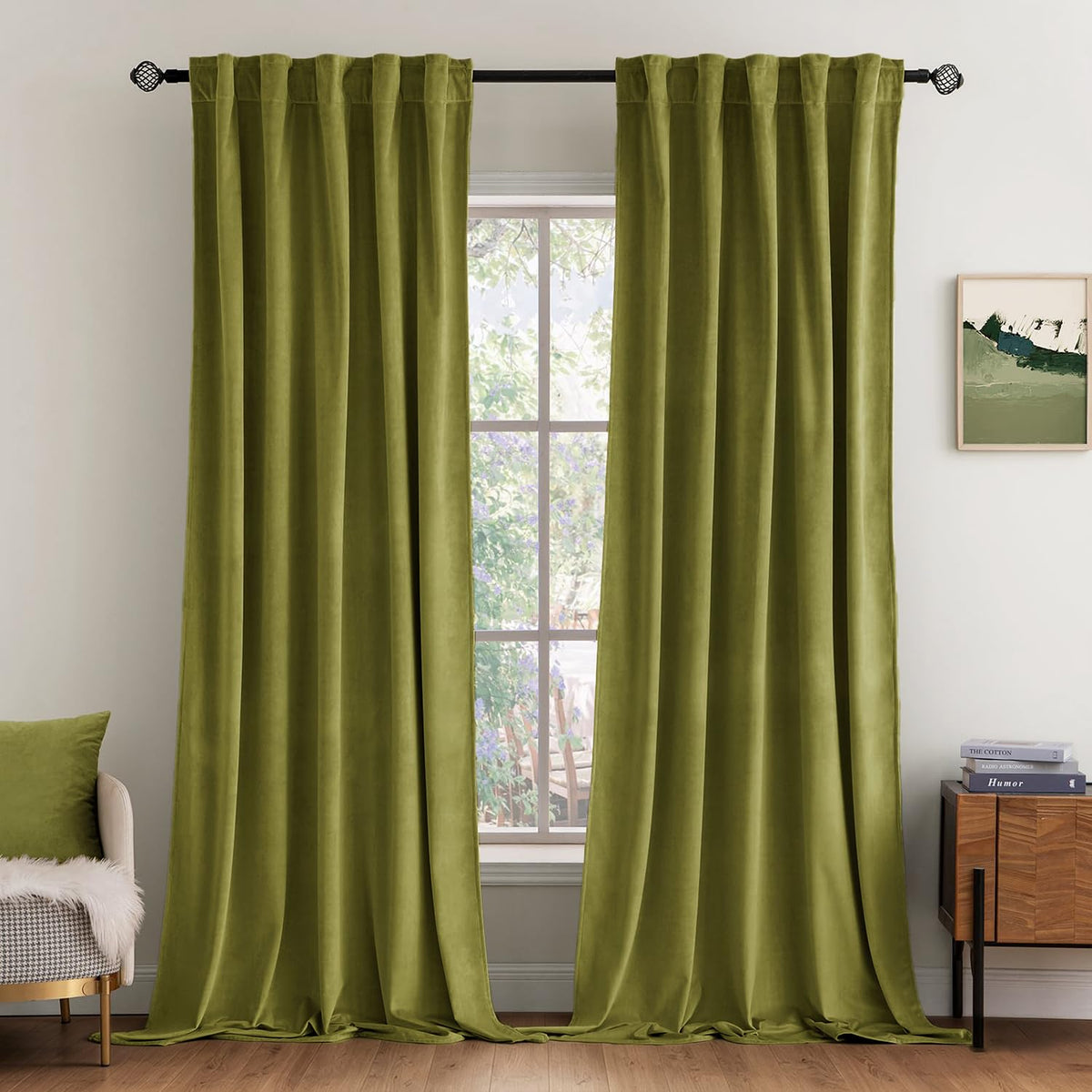 MIULEE Velvet Curtains 52x84 inches 2 Panels Olive Green Blackout Curtains