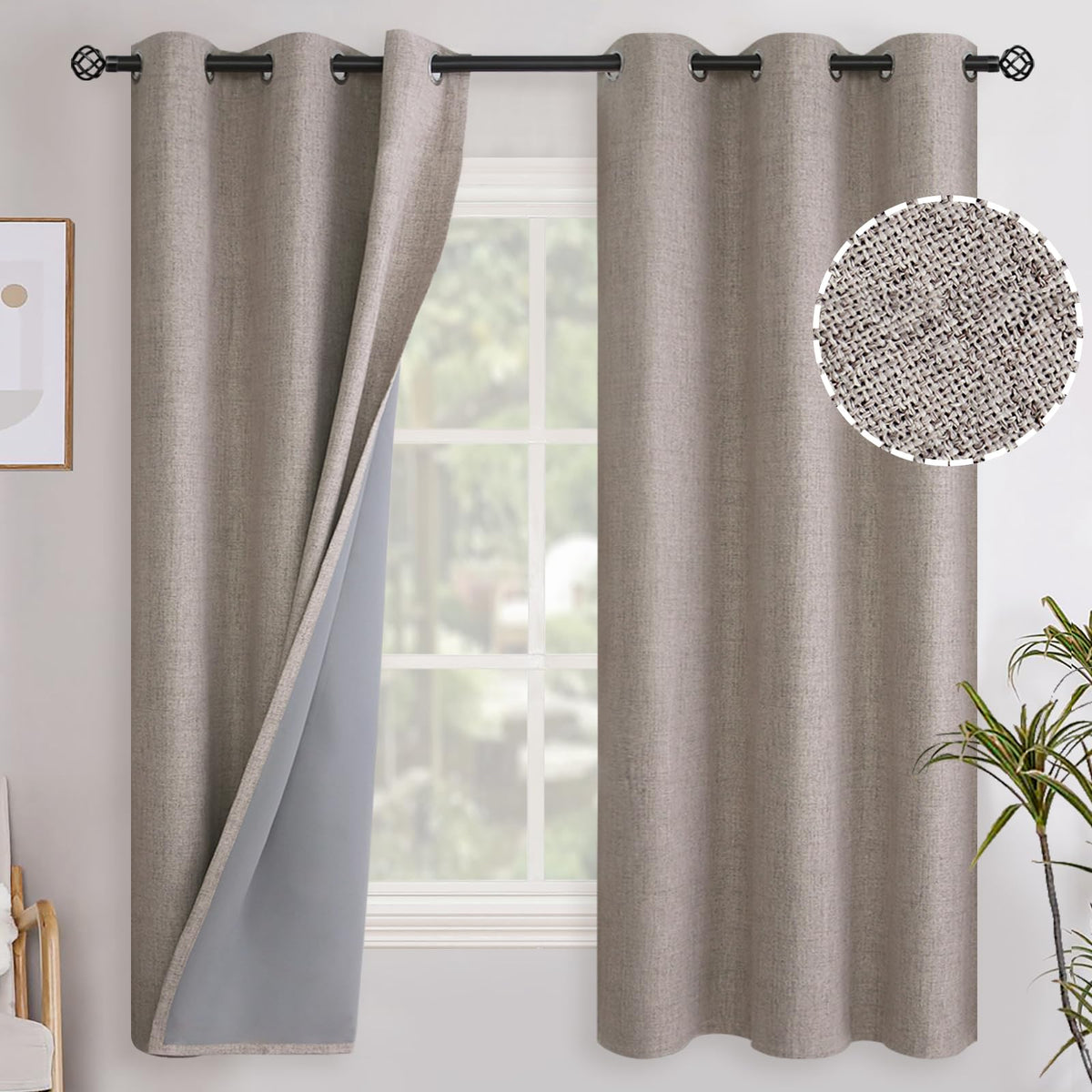 YoungsTex Linen Blackout Curtains 63 Inch Length Bedroom Beige Darkening