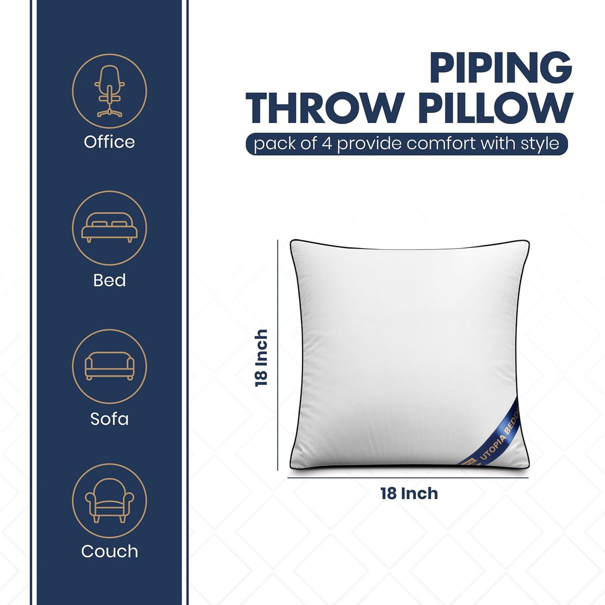 Premium Piping Throw Pillows 18x18, Decorative Pillow Inserts, 4-Pack