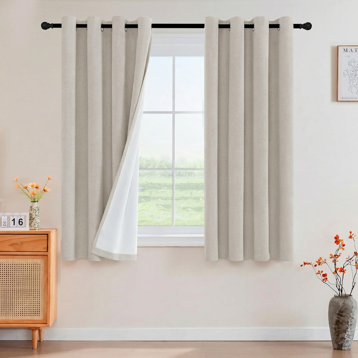 PrinceDeco Natural Linen Curtains 100% Blackout Linen Curtains for Bedroom Full Blackout Curtains 84 Inches Long Living Room Thermal Insulated Light Blocking Curtain Drapes White Backing, 2 Panels