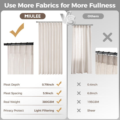 MIULEE Pinch Pleated Linen Curtains 90 Inches Long 2 Panels Natural