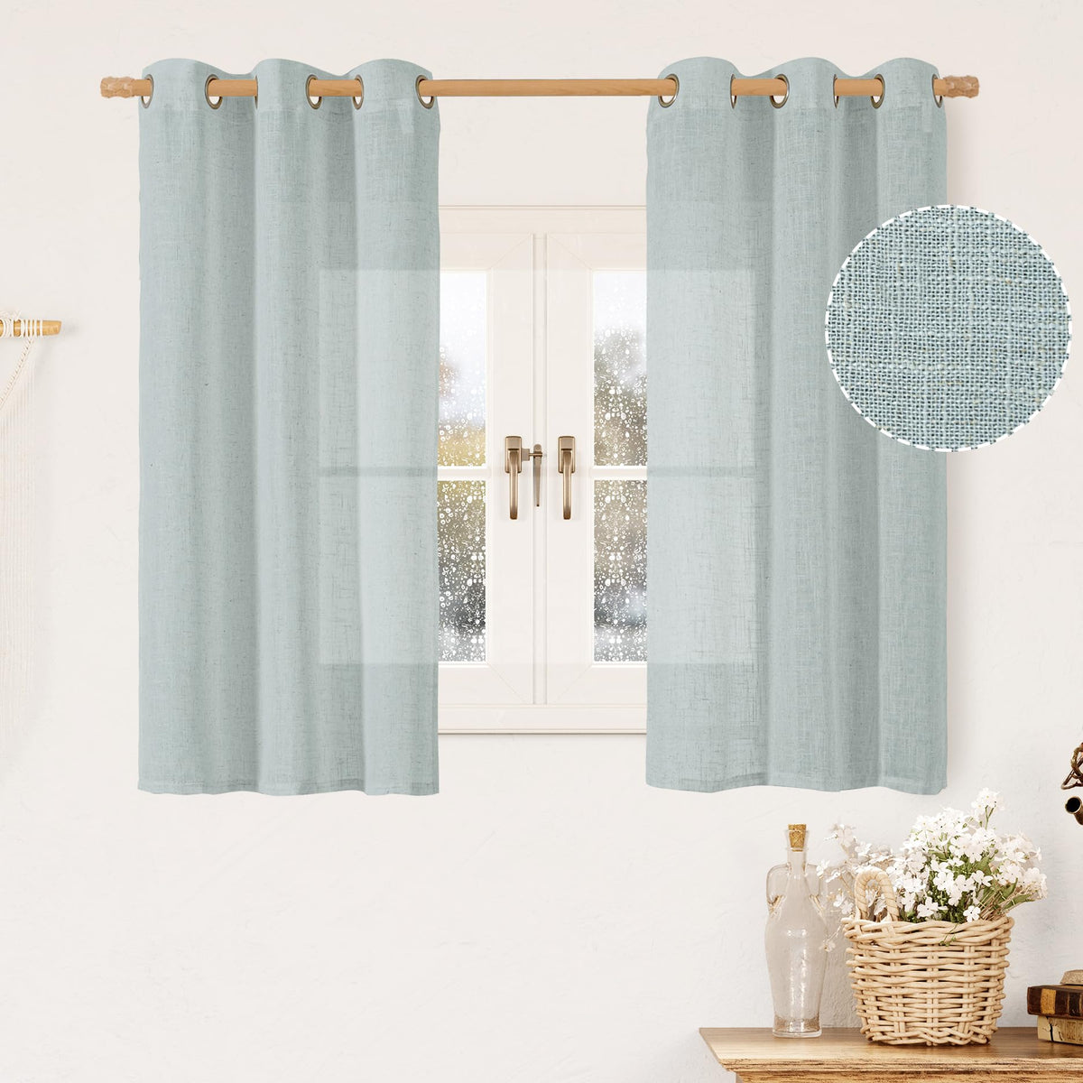 LAMIT Cream Ivory Linen Semi Sheer Curtains 84 inch Length for Bedroom