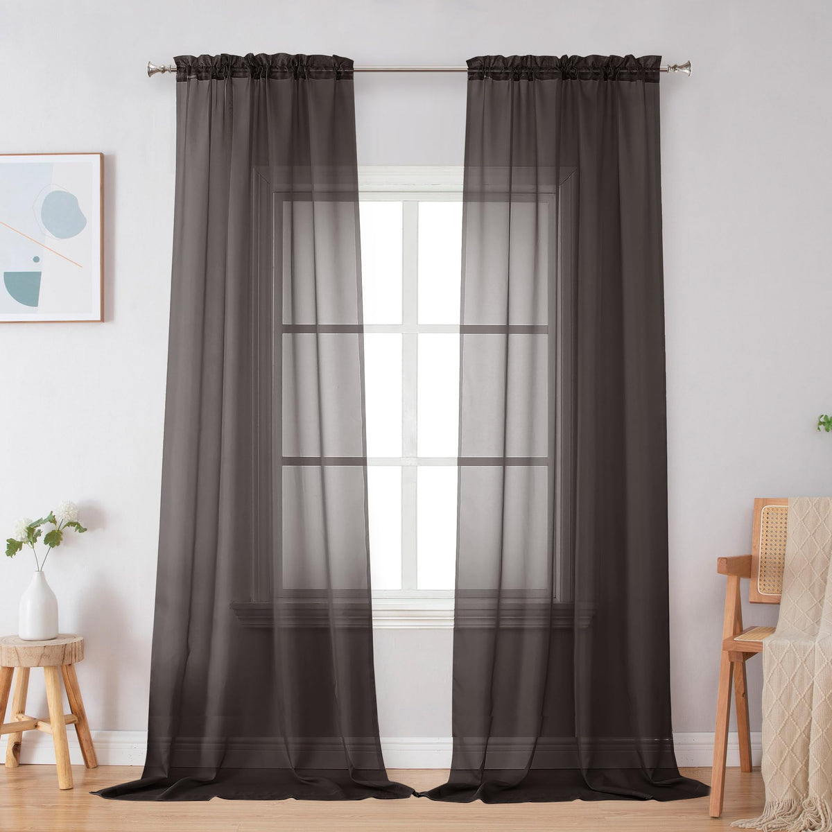 Simplebrand Black Sheer Curtains 84 Inches Long 2 Panels for Living Room
