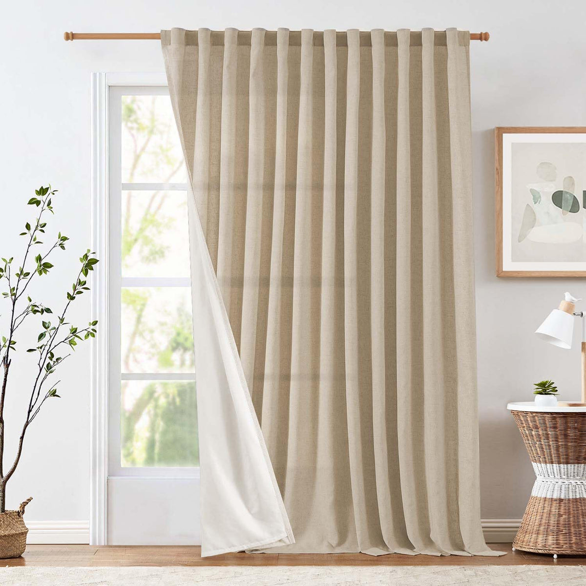 jinchan Linen Curtains Light Filtering Back Tab 50x96 Inch 2 Panels Beige