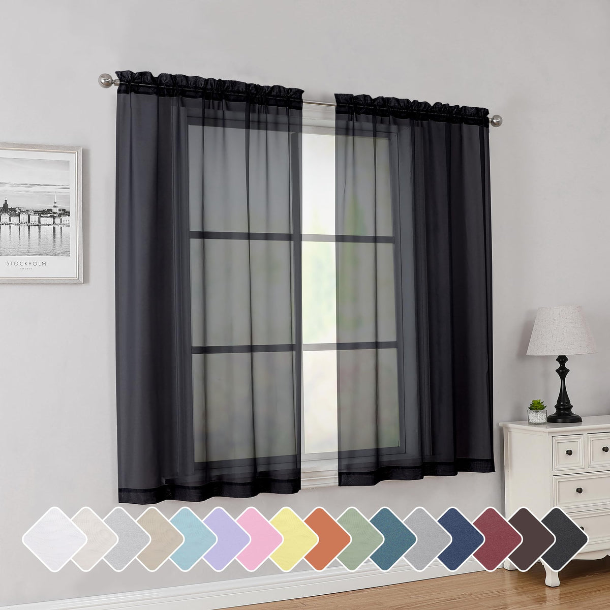 Simplebrand Black Sheer Curtains 84 Inches Long 2 Panels for Living Room