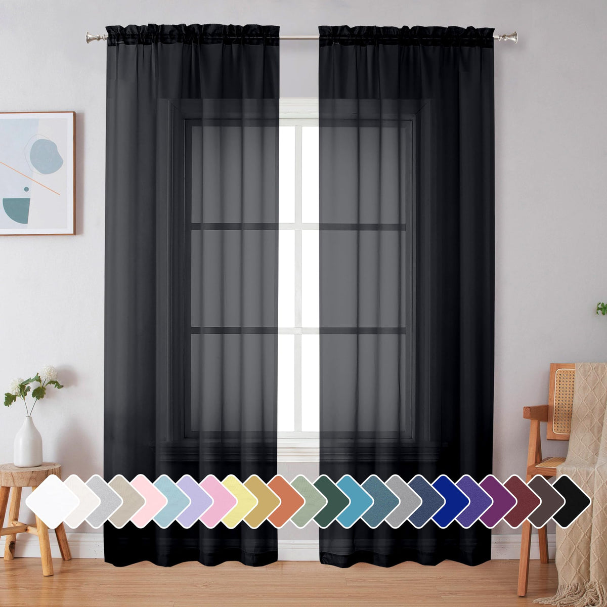Simplebrand Black Sheer Curtains 84 Inches Long 2 Panels for Living Room