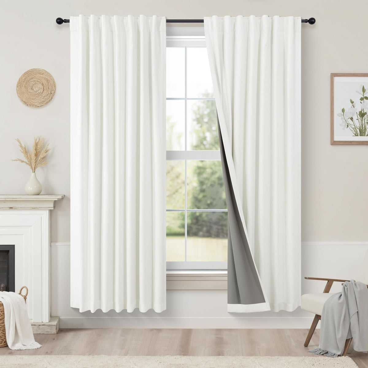 100% Blackout Curtains 84 Inch Length 2 Panels Set Neutral Boho Linen Farmhouse for Bedroom Windows Living Room Darkening Thermal Insulated Drapes Natural Cream Ivory 7ft Long Back Tab Pleated Pocket