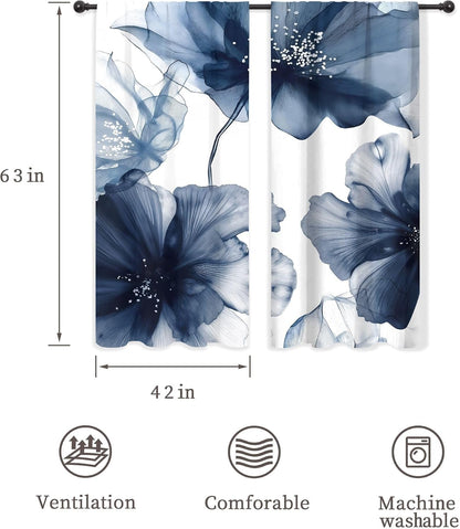 Navy Blue Floral Abstract Modern Dark Living Room Bedroom Window Curtains