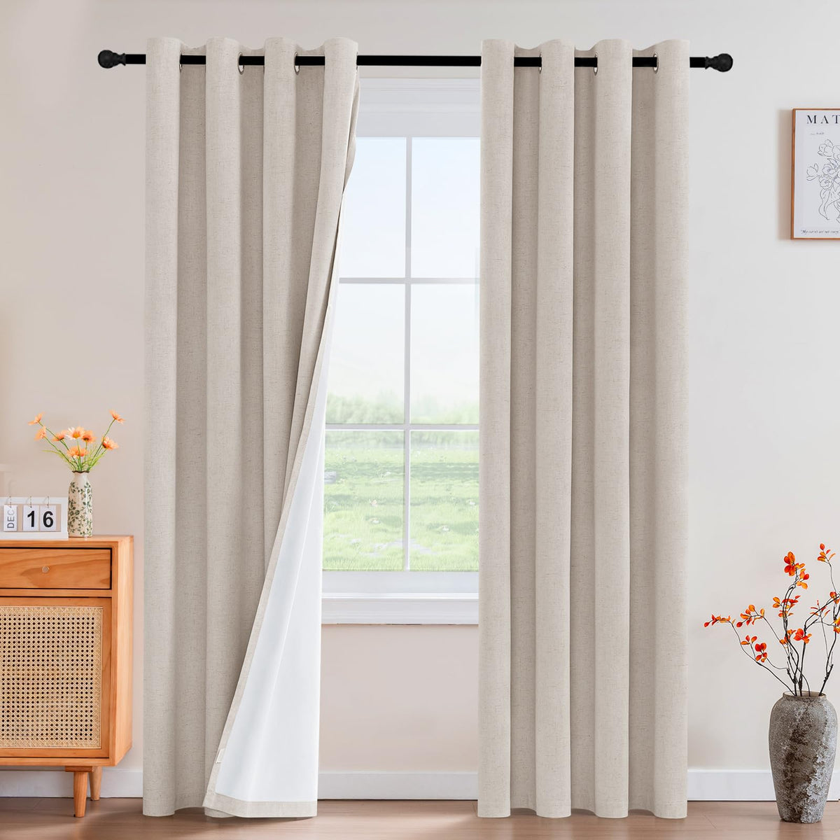 PrinceDeco Natural Linen Curtains 100% Blackout Linen Curtains for Bedroom Full Blackout Curtains 84 Inches Long Living Room Thermal Insulated Light Blocking Curtain Drapes White Backing, 2 Panels