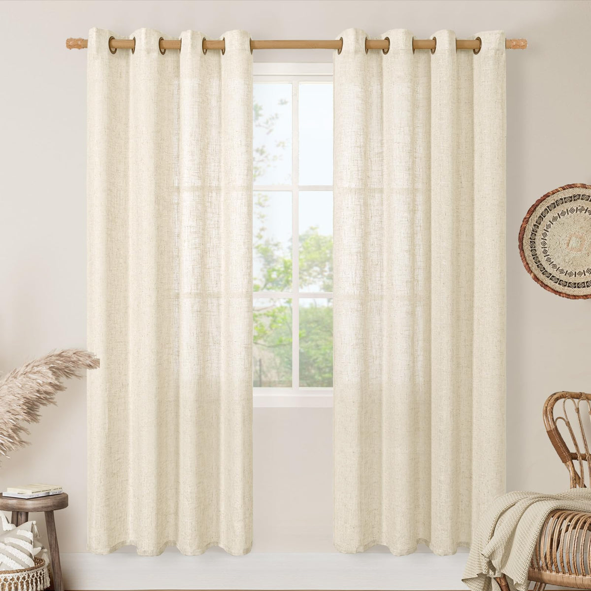 LAMIT Cream Ivory Linen Semi Sheer Curtains 84 inch Length for Bedroom