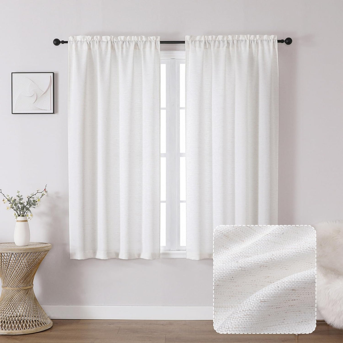 Chyhomenyc White Curtains 45 Inch Length 2 Panels, Faux Linen Textured