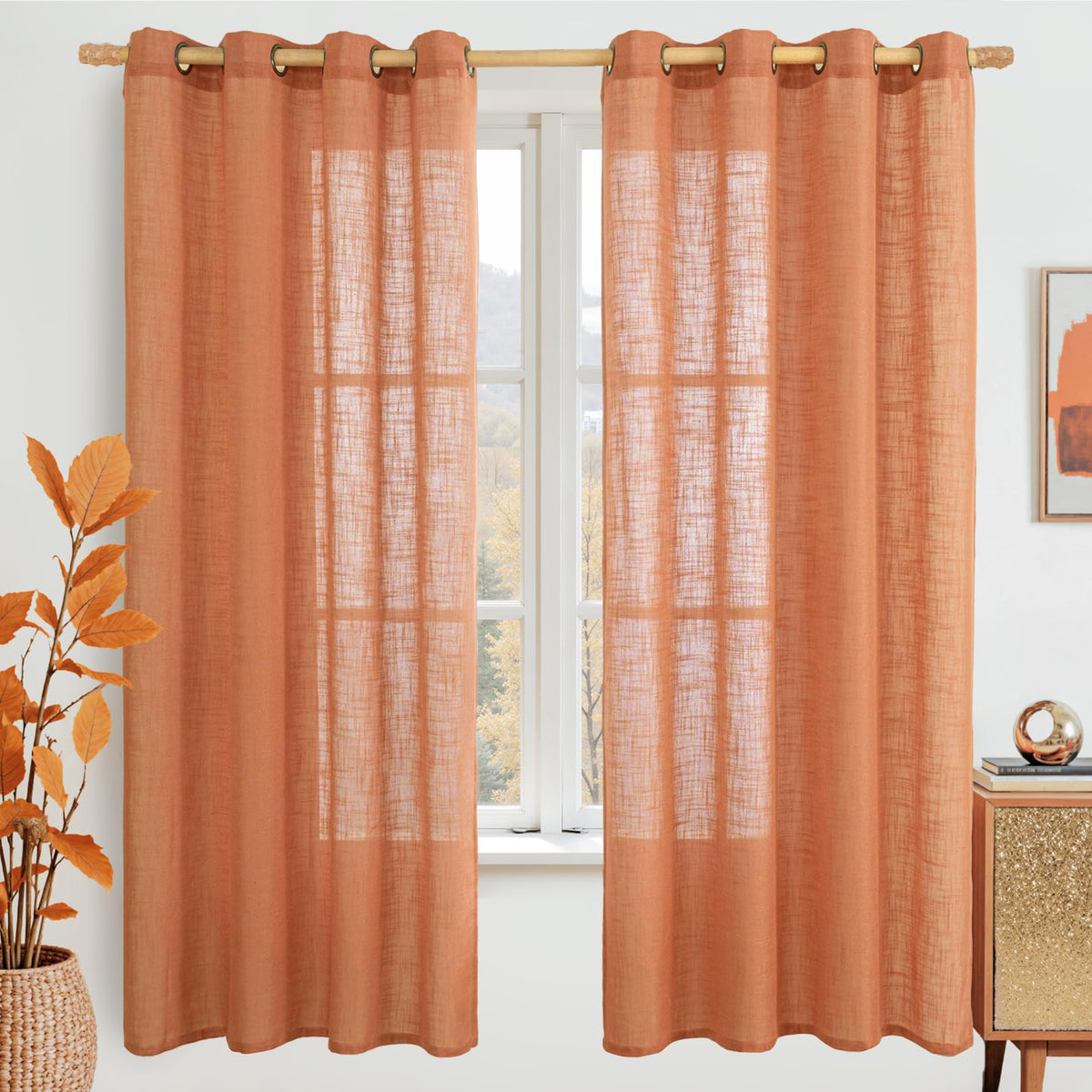 LAMIT Cream Ivory Linen Semi Sheer Curtains 84 inch Length for Bedroom