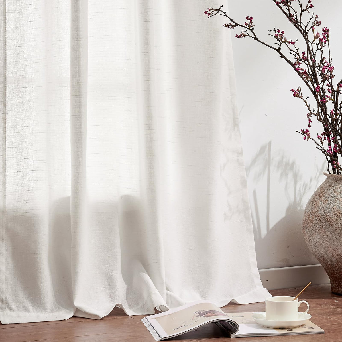 jinchan Linen Curtains Light Filtering Back Tab 50x96 Inch 2 Panels Beige