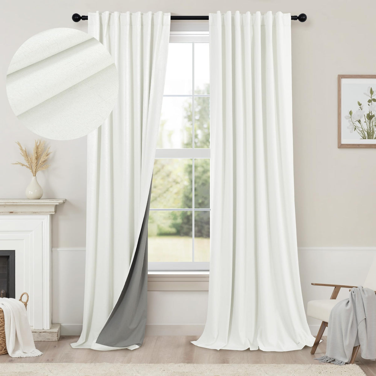 100% Blackout Curtains 84 Inch Length 2 Panels Set Neutral Boho Linen Farmhouse for Bedroom Windows Living Room Darkening Thermal Insulated Drapes Natural Cream Ivory 7ft Long Back Tab Pleated Pocket