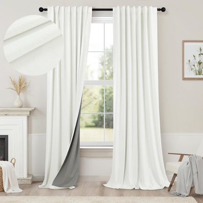 100% Blackout Curtains 84 Inch Length 2 Panels Set Neutral Boho Linen Farmhouse for Bedroom Windows Living Room Darkening Thermal Insulated Drapes Natural Cream Ivory 7ft Long Back Tab Pleated Pocket