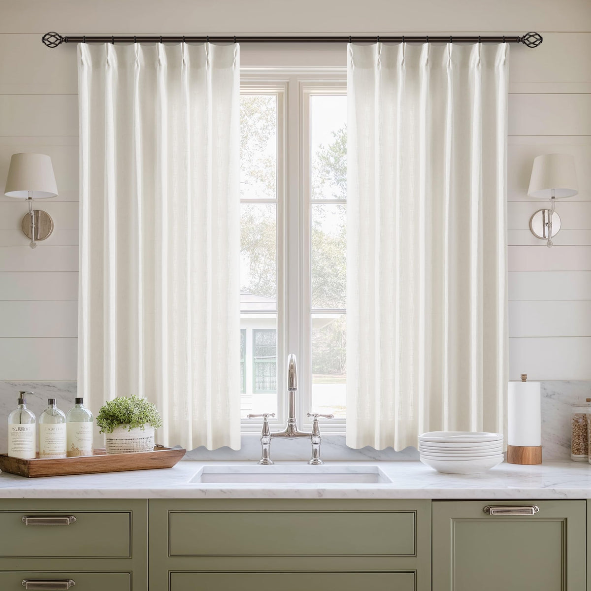 TWODRAPES Natural Pinch Pleated Linen Semi Sheer 84 Inch Curtains 2 Panels