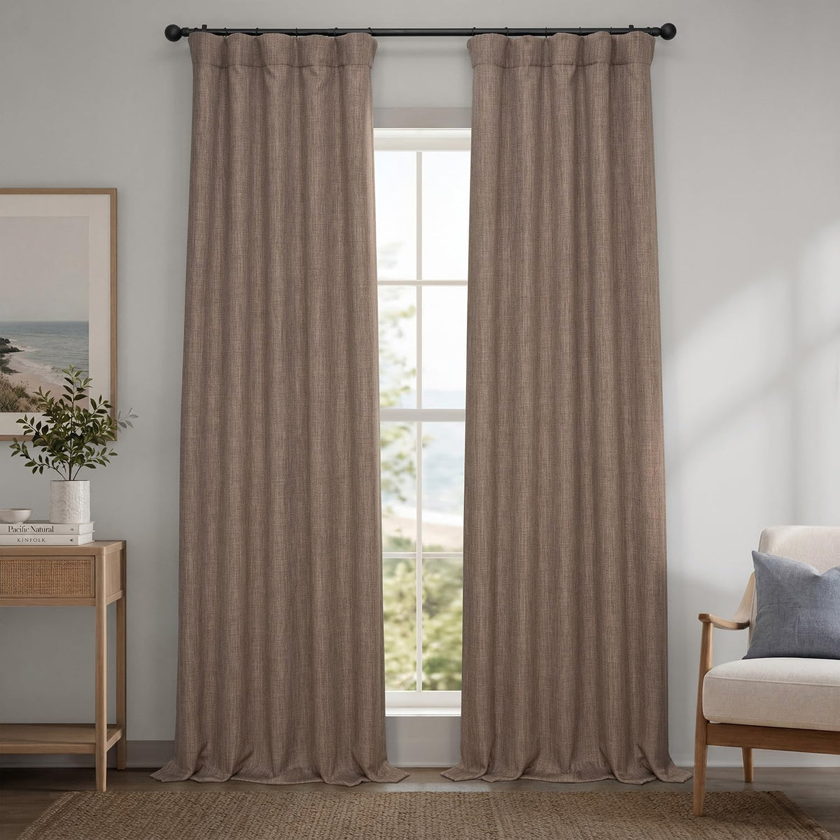 Faux Linen Curtains for Living Room (1 Panel) - 50W X 108L, Birch Taupe