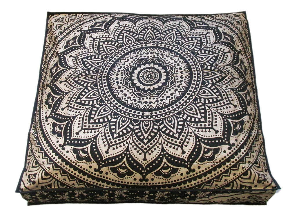24" Black Gold Flower Mandala Barmeri Large Floor Pillow Cover Cushion Meditation Seating Ottoman Throw Cover Hippie Decorative Zipped Bohemian Pouf Ottoman Pom Pom Cases 24 " square