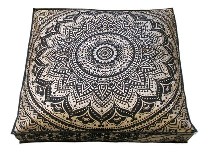 24" Black Gold Flower Mandala Barmeri Large Floor Pillow Cover Cushion Meditation Seating Ottoman Throw Cover Hippie Decorative Zipped Bohemian Pouf Ottoman Pom Pom Cases 24 " square