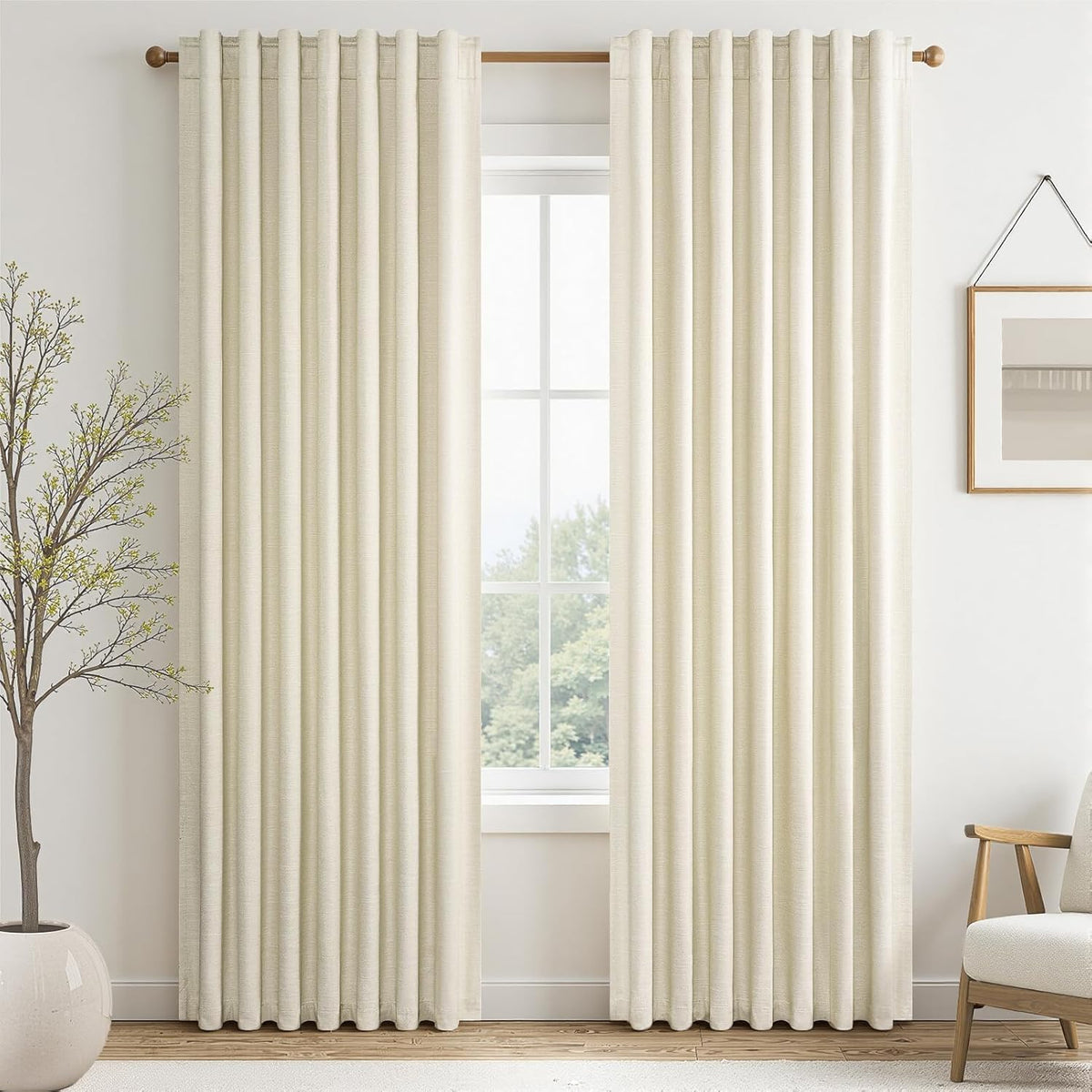 Topfinel Cream Ivory Blackout Curtains & Drapes 84 Inch Length, Beige Pinch Pleat Full Blackout Flax Linen Tab Top Soundproof Curtains with Hooks Rings for Bedroom Living Room Track 2 Panels Set