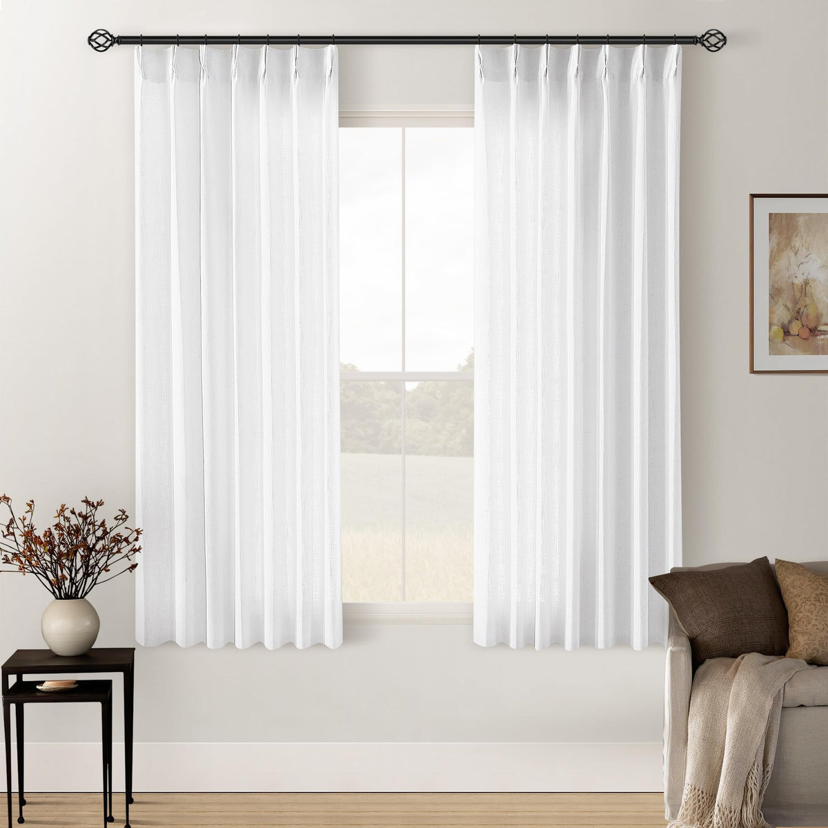 TWODRAPES Natural Pinch Pleated Linen Semi Sheer 84 Inch Curtains 2 Panels