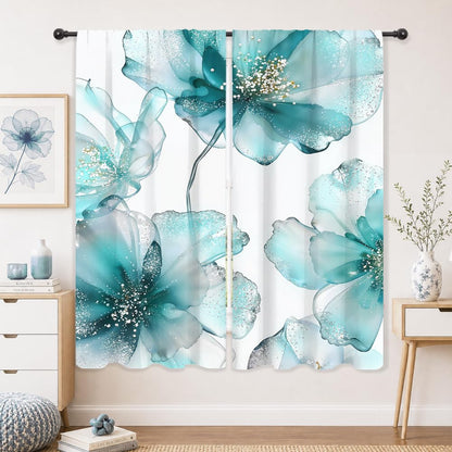 Navy Blue Floral Abstract Modern Dark Living Room Bedroom Window Curtains