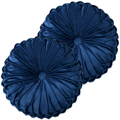 HIG Set of 2 Beige Velvet Decorative Round Pleated Throw Pillows