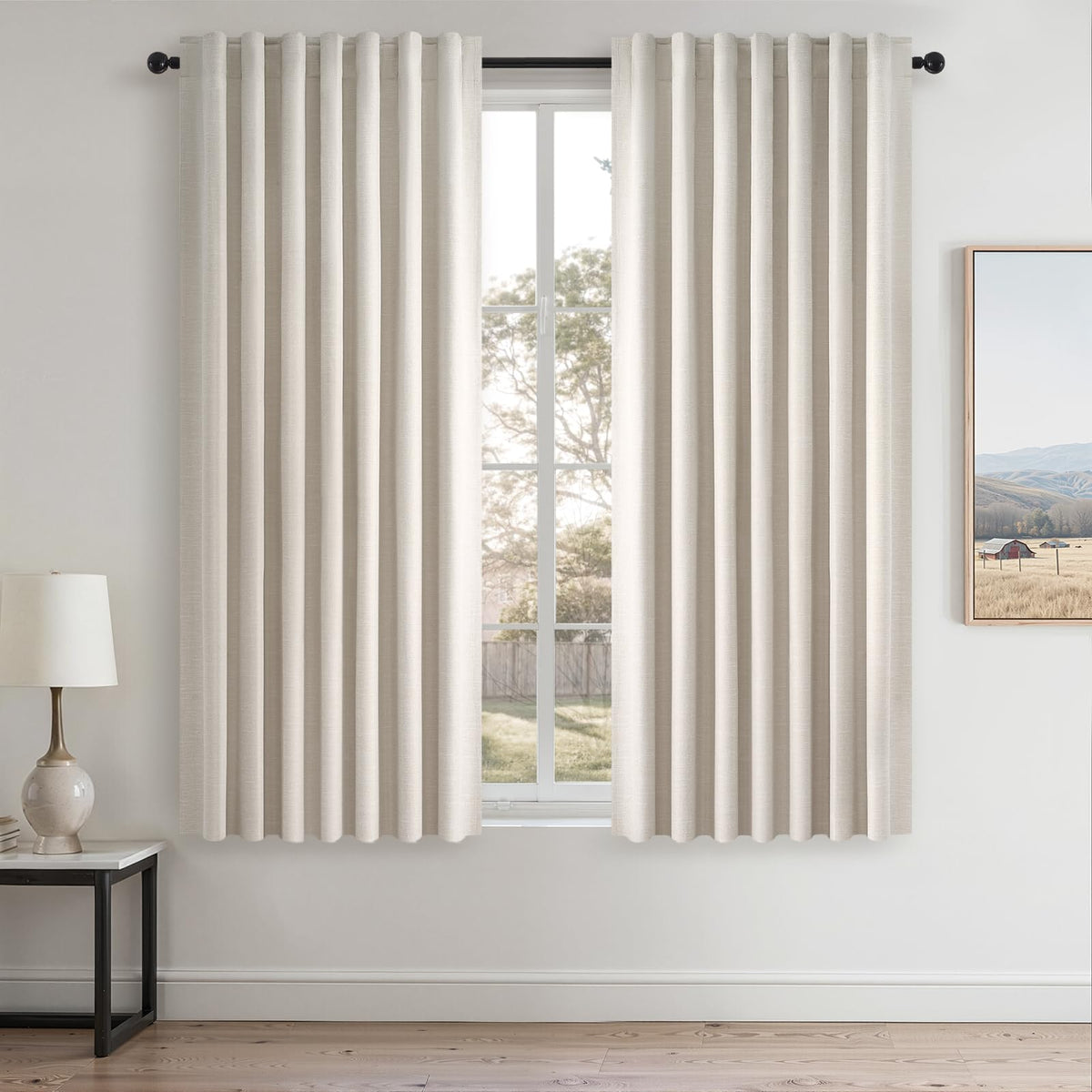 Topfinel Cream Ivory Blackout Curtains & Drapes 84 Inch Length, Beige Pinch Pleat Full Blackout Flax Linen Tab Top Soundproof Curtains with Hooks Rings for Bedroom Living Room Track 2 Panels Set