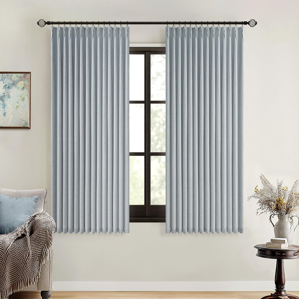 MIULEE Natural Pinch Pleated 100% Blackout Linen Curtains 40x84 Inches
