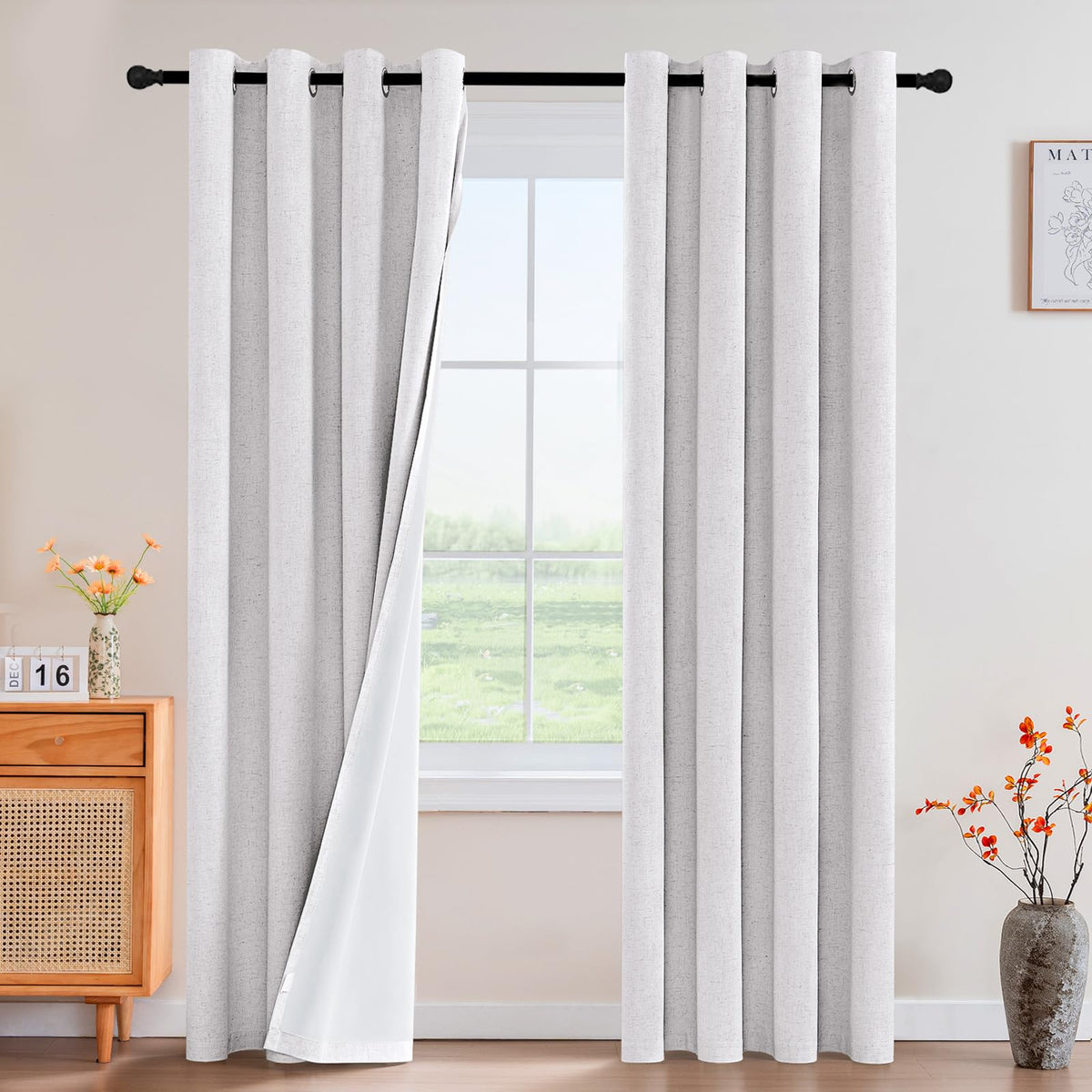 PrinceDeco Natural Linen Curtains 100% Blackout Linen Curtains for Bedroom Full Blackout Curtains 84 Inches Long Living Room Thermal Insulated Light Blocking Curtain Drapes White Backing, 2 Panels