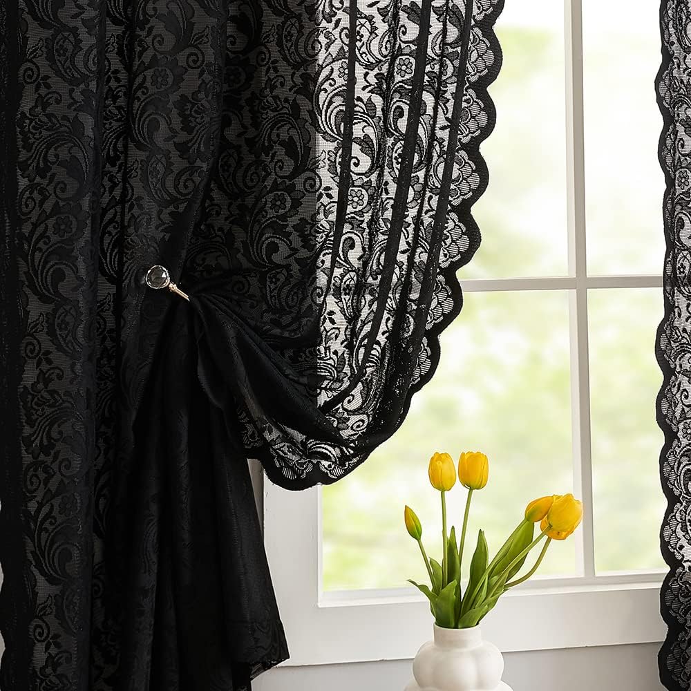 ALIGOGO Black Lace Curtains for Living Room, Gothic Decor, 52W x 84L Inch