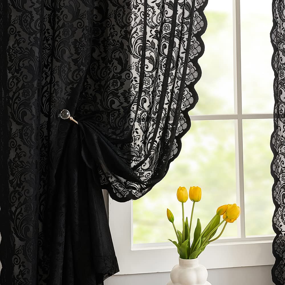 ALIGOGO Black Lace Curtains for Living Room, Gothic Decor, 52W x 84L Inch