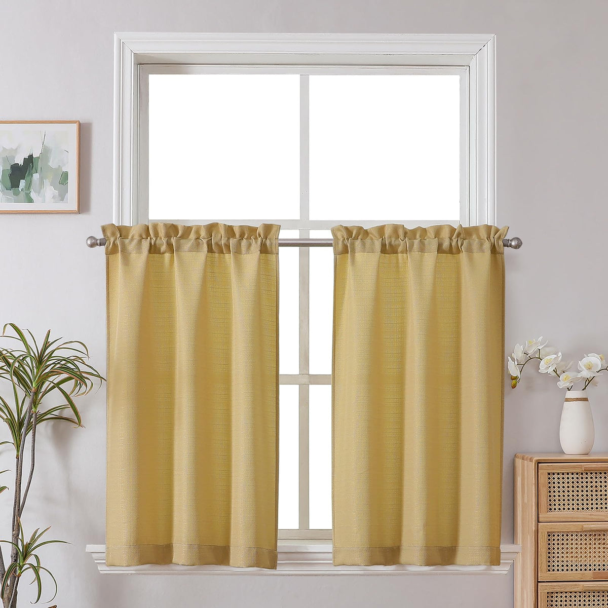 Chyhomenyc White Curtains 45 Inch Length 2 Panels, Faux Linen Textured