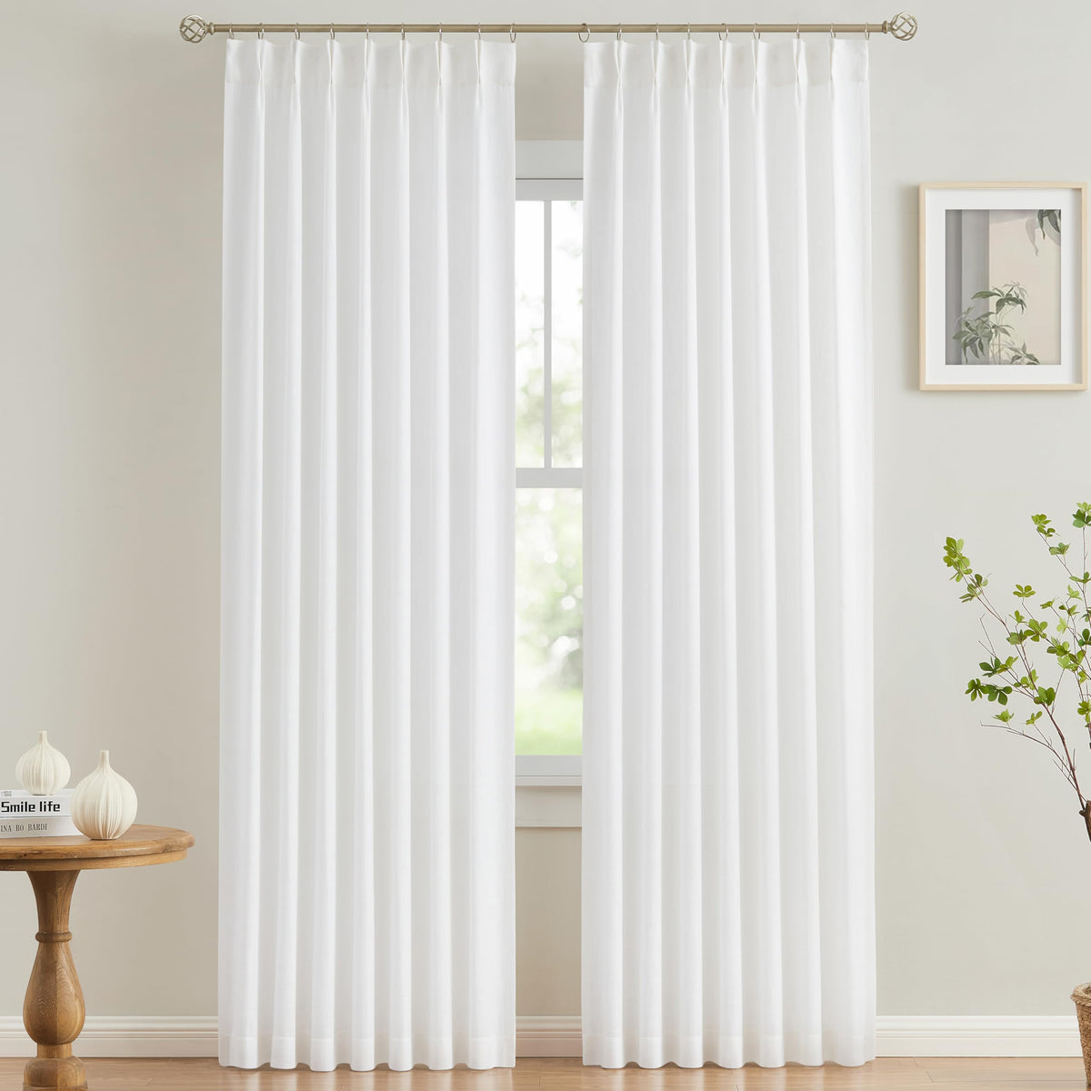 Vision Home Natural Linen Pinch Pleated Semi Sheer Curtains 42Wx90Lx2